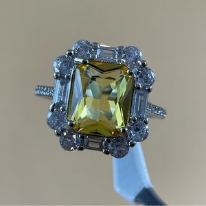 Beautiful Radiant Cut Halo Art Deco Canary Yellow Diamond CZ Silver Plated Ring